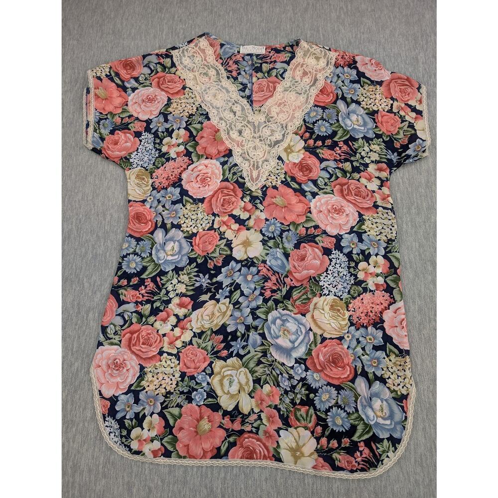Vintage Val Mode Nightgown Womens Large Blue Floral Lace Trim Short Sleeve 90s